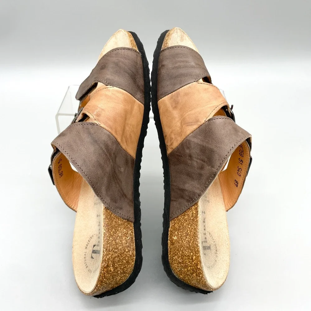 Think! Womens 40 Mizzi Multi Strap Brown Leather Cork Wedge Slide Sandals Buckle
